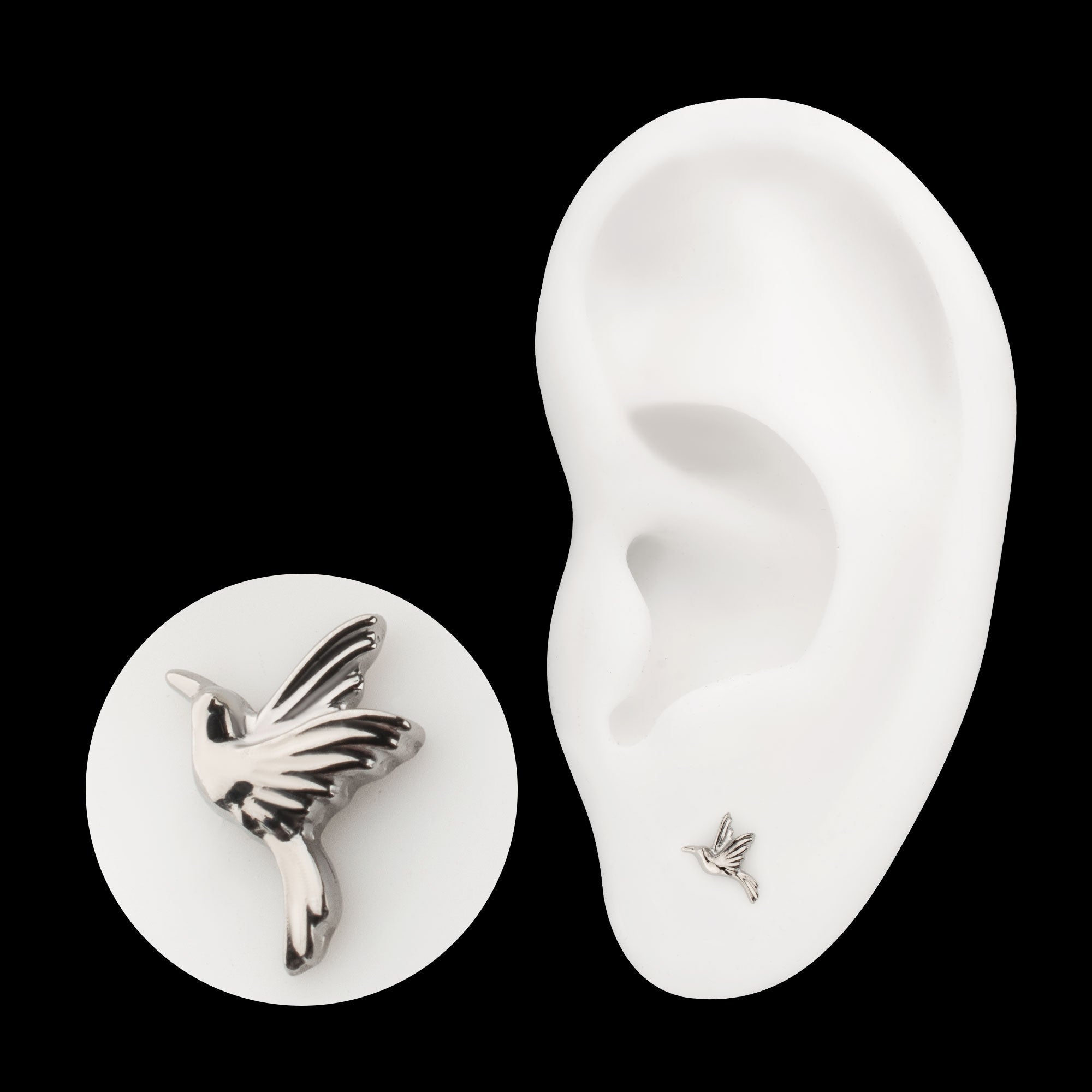 Low-Profile 3D Hummingbird Threadless Earring / Nosering – Titanium