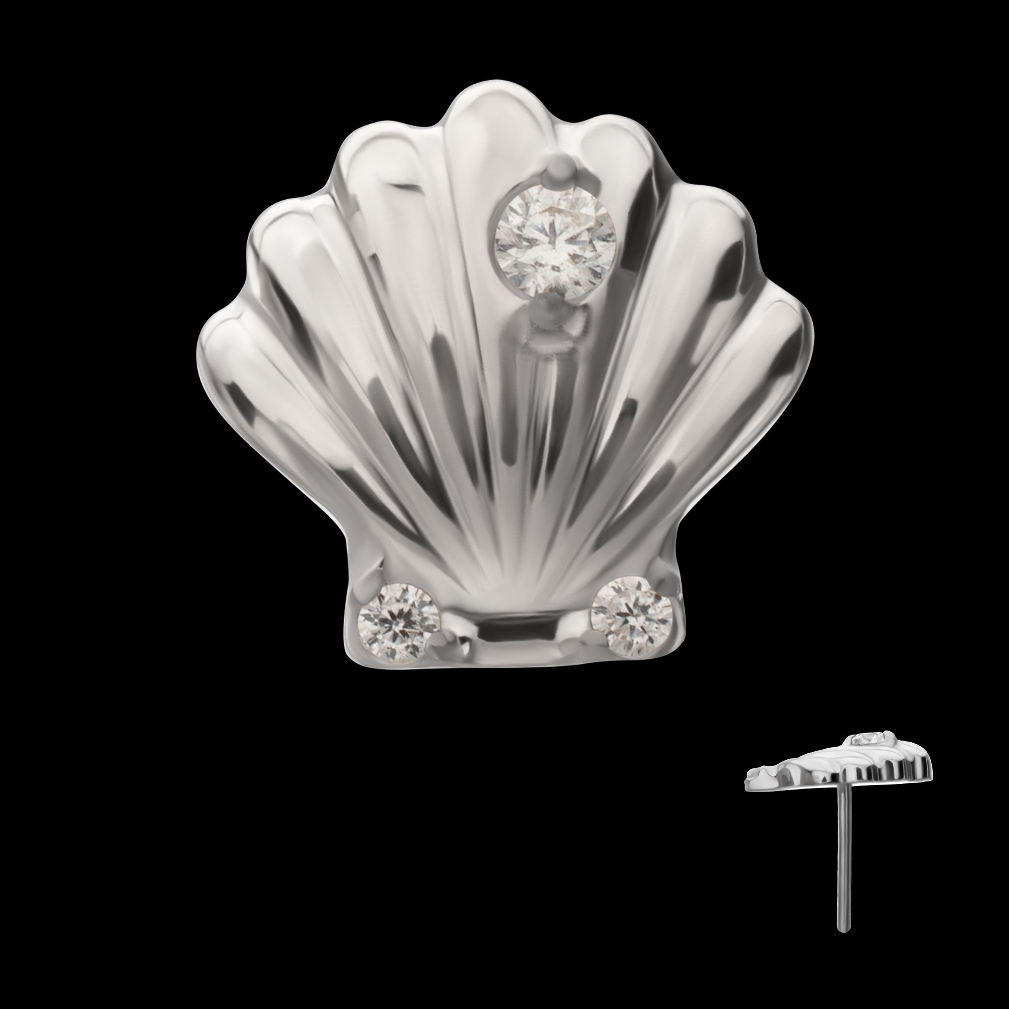 Low-Profile 3D Shell with Prong-Set Gem Threadless Earring / Nosering – Titanium