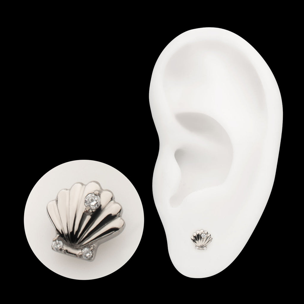 Low-Profile 3D Shell with Prong-Set Gem Threadless Earring / Nosering – Titanium