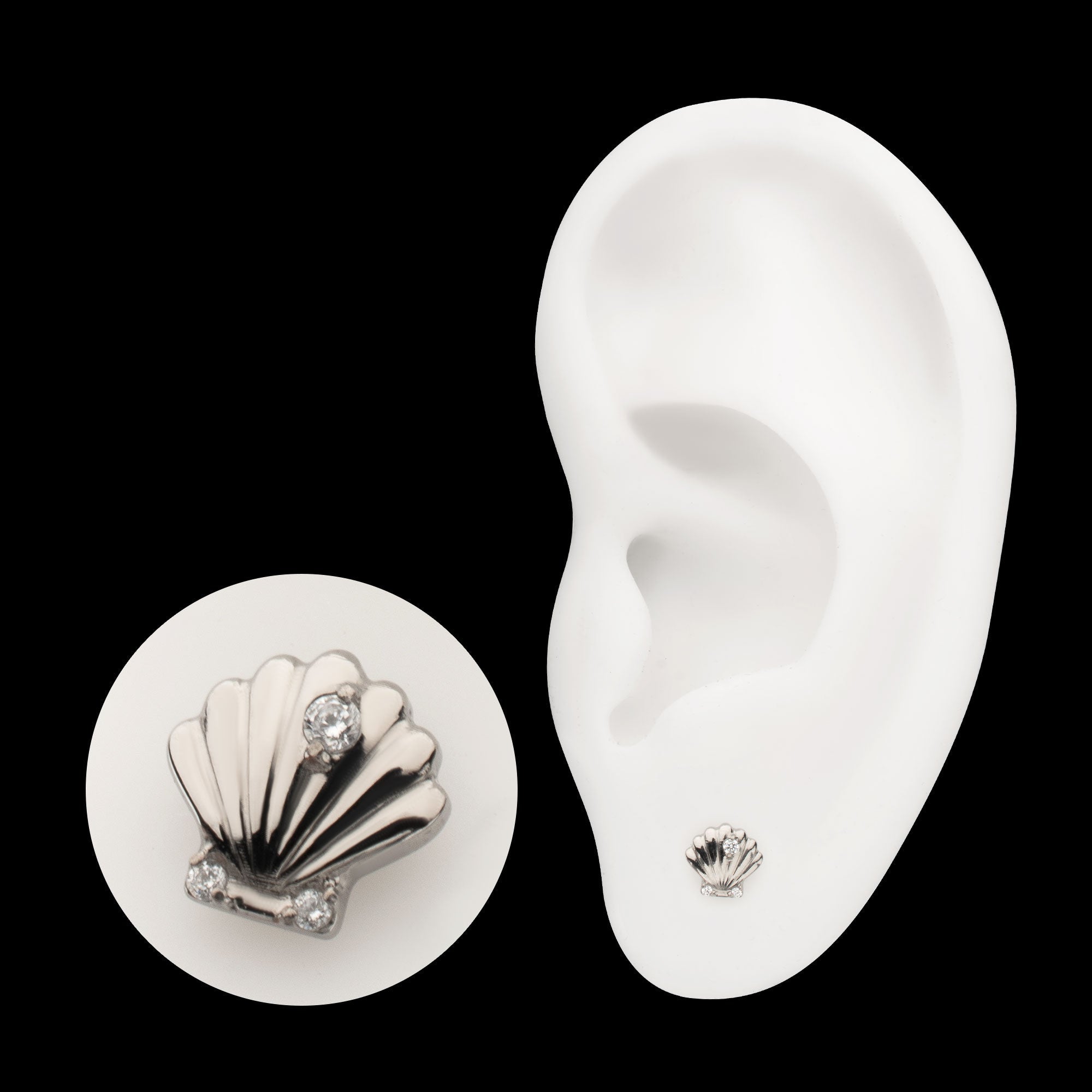 Low-Profile 3D Shell with Prong-Set Gem Threadless Earring / Nosering – Titanium