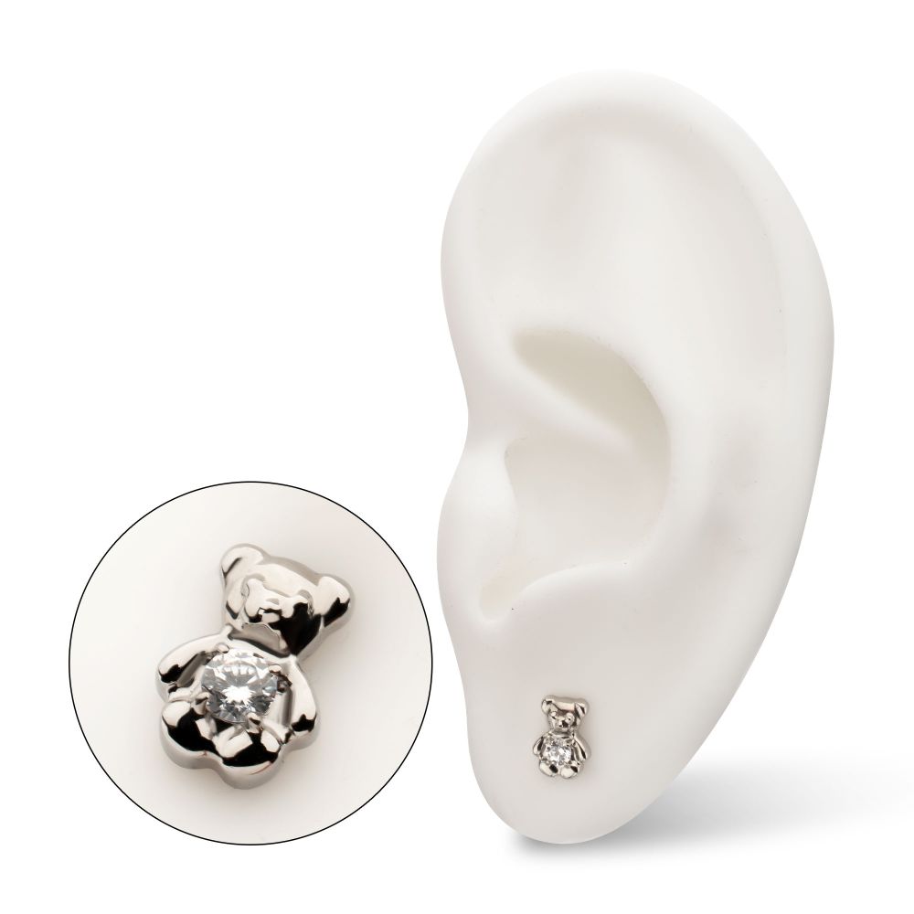 Prong-Set Gem Teddy Bear Threadless Earring / Nosering – Titanium