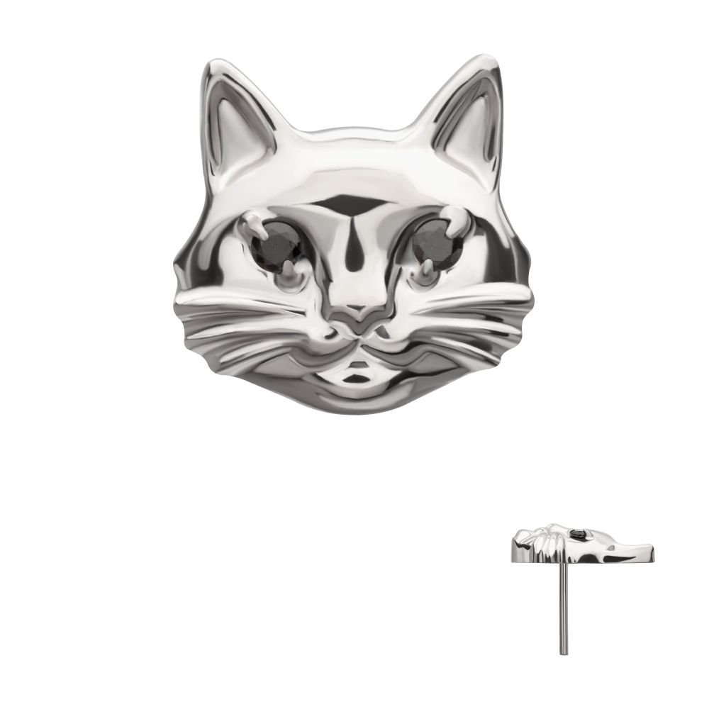 Midnight Cat with Black Gem Eyes Threadless Earring / Nosering Top – Black Gem & Titanium