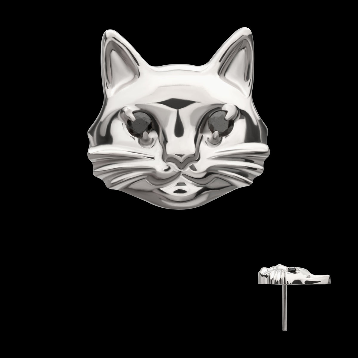Midnight Cat with Black Gem Eyes Threadless Earring / Nosering Top – Black Gem & Titanium