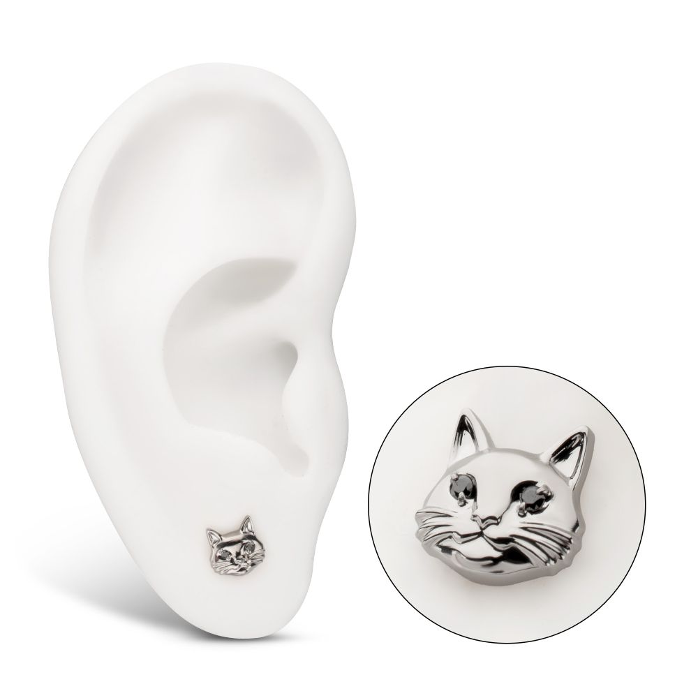 Midnight Cat with Black Gem Eyes Threadless Earring / Nosering Top – Black Gem & Titanium