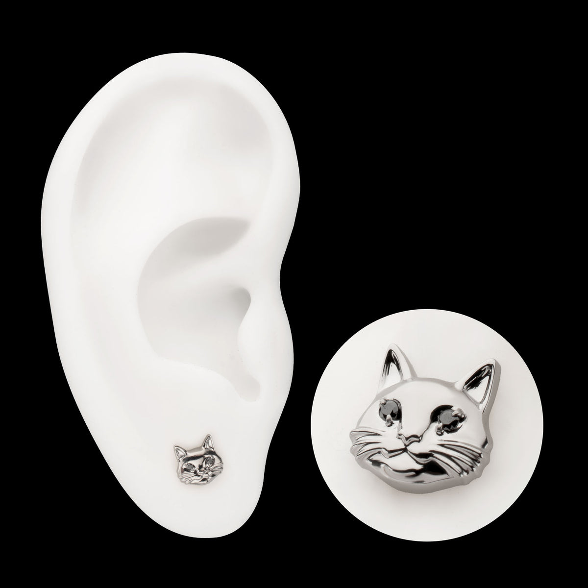 Midnight Cat with Black Gem Eyes Threadless Earring / Nosering Top – Black Gem & Titanium