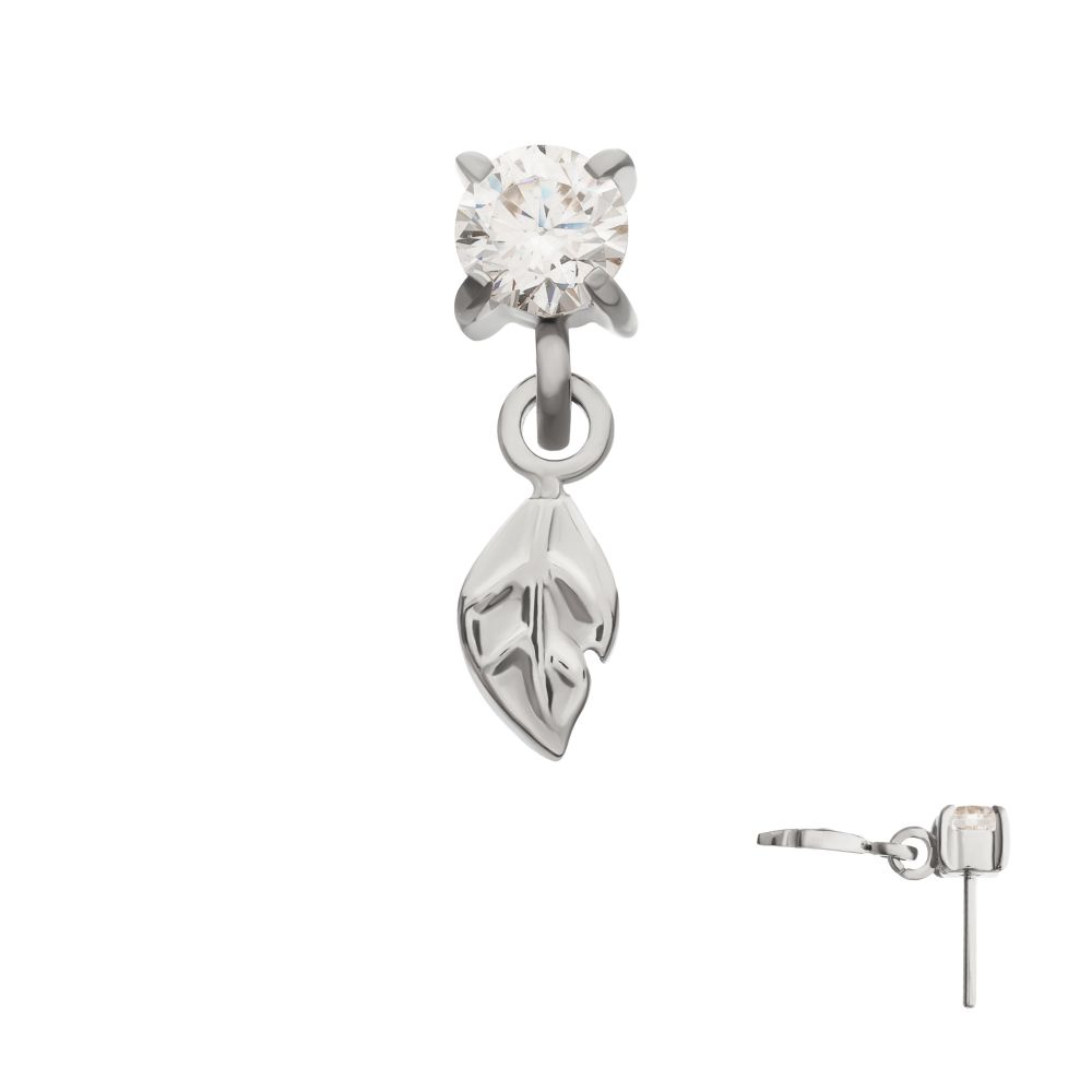 4-Prong-Set Gem with Leaf Dangle Threadless Earring / Nosering – Titanium