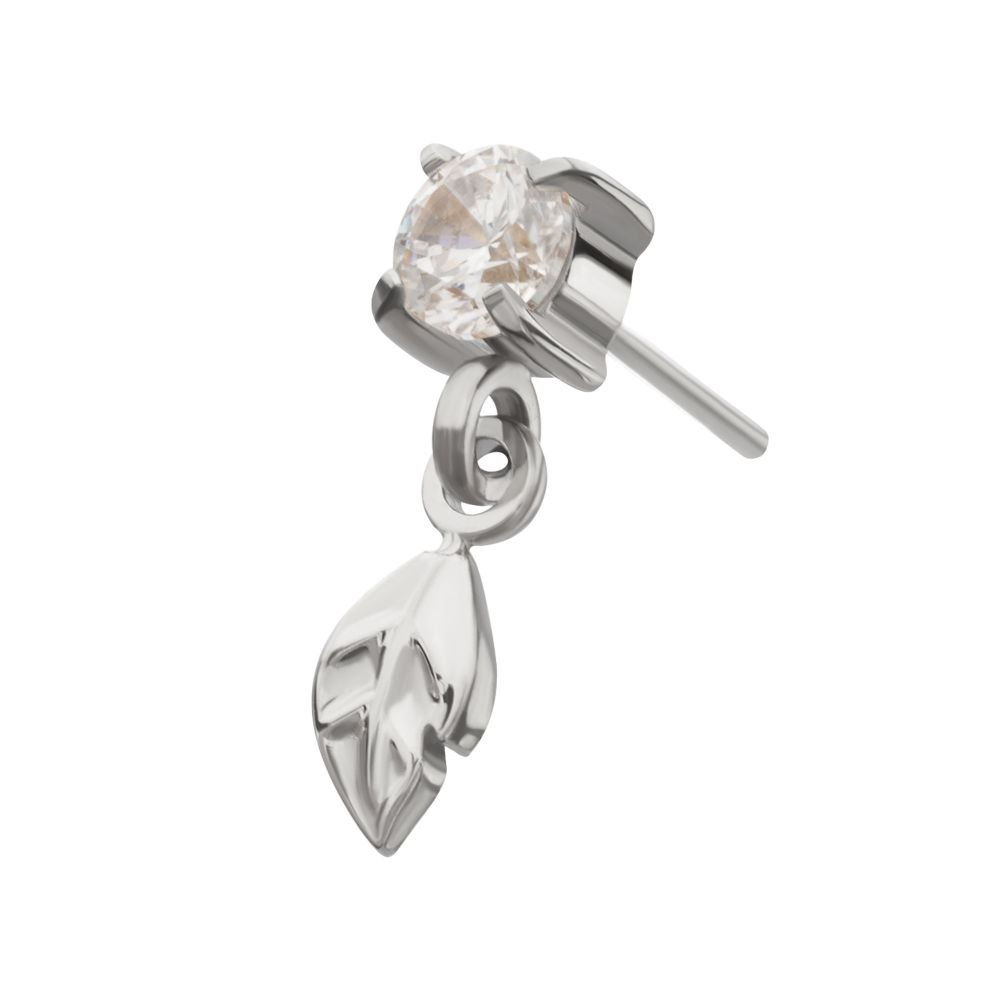 4-Prong-Set Gem with Leaf Dangle Threadless Earring / Nosering – Titanium