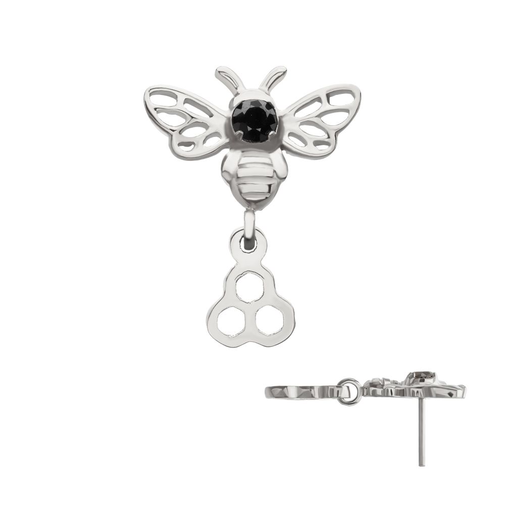Prong-Set Black Gem Bee with Honeycomb Dangle Threadless Earring / Nosering – Titanium