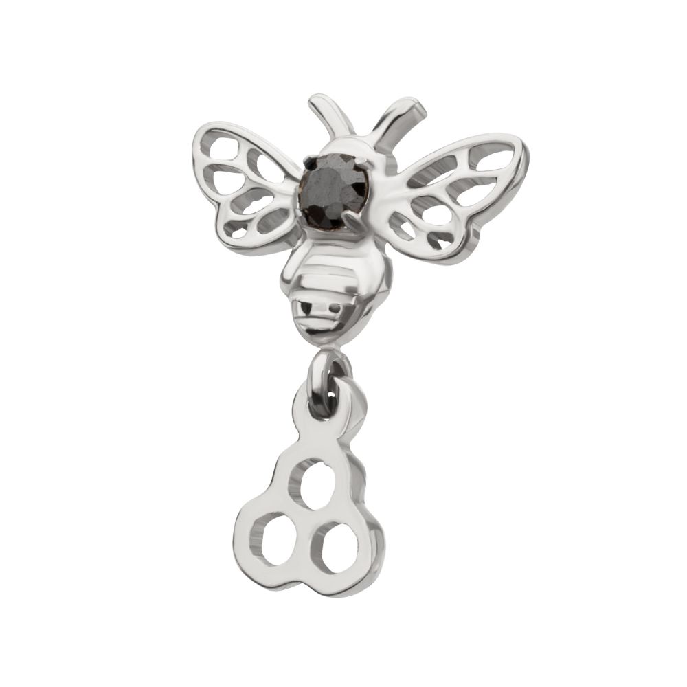 Prong-Set Black Gem Bee with Honeycomb Dangle Threadless Earring / Nosering – Titanium