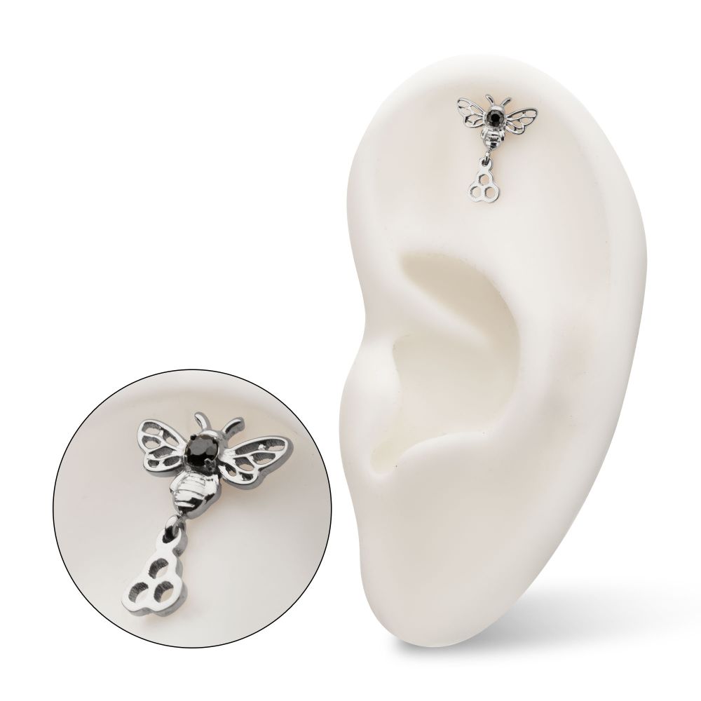 Prong-Set Black Gem Bee with Honeycomb Dangle Threadless Earring / Nosering – Titanium