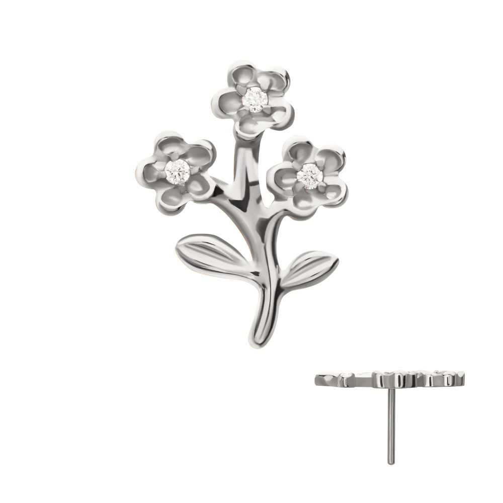Prong-Set Gem Triple Flower & Stem Threadless Earring / Nosering – Titanium