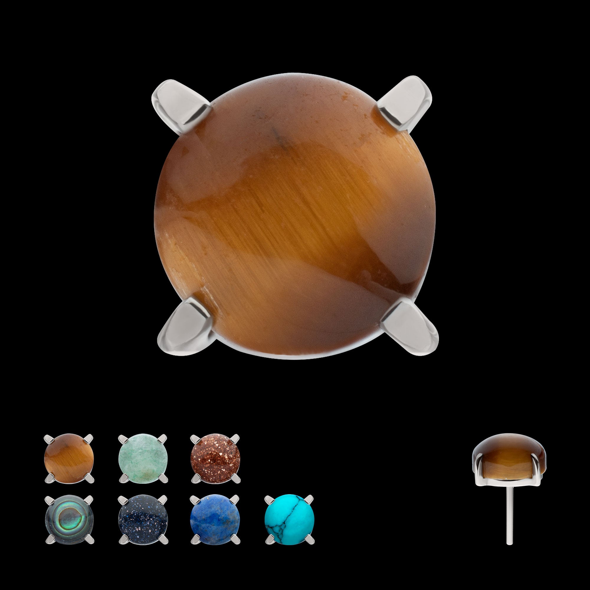 4-Prong Round Natural Stone Flatback Stud Earring / Nosering - Titanium