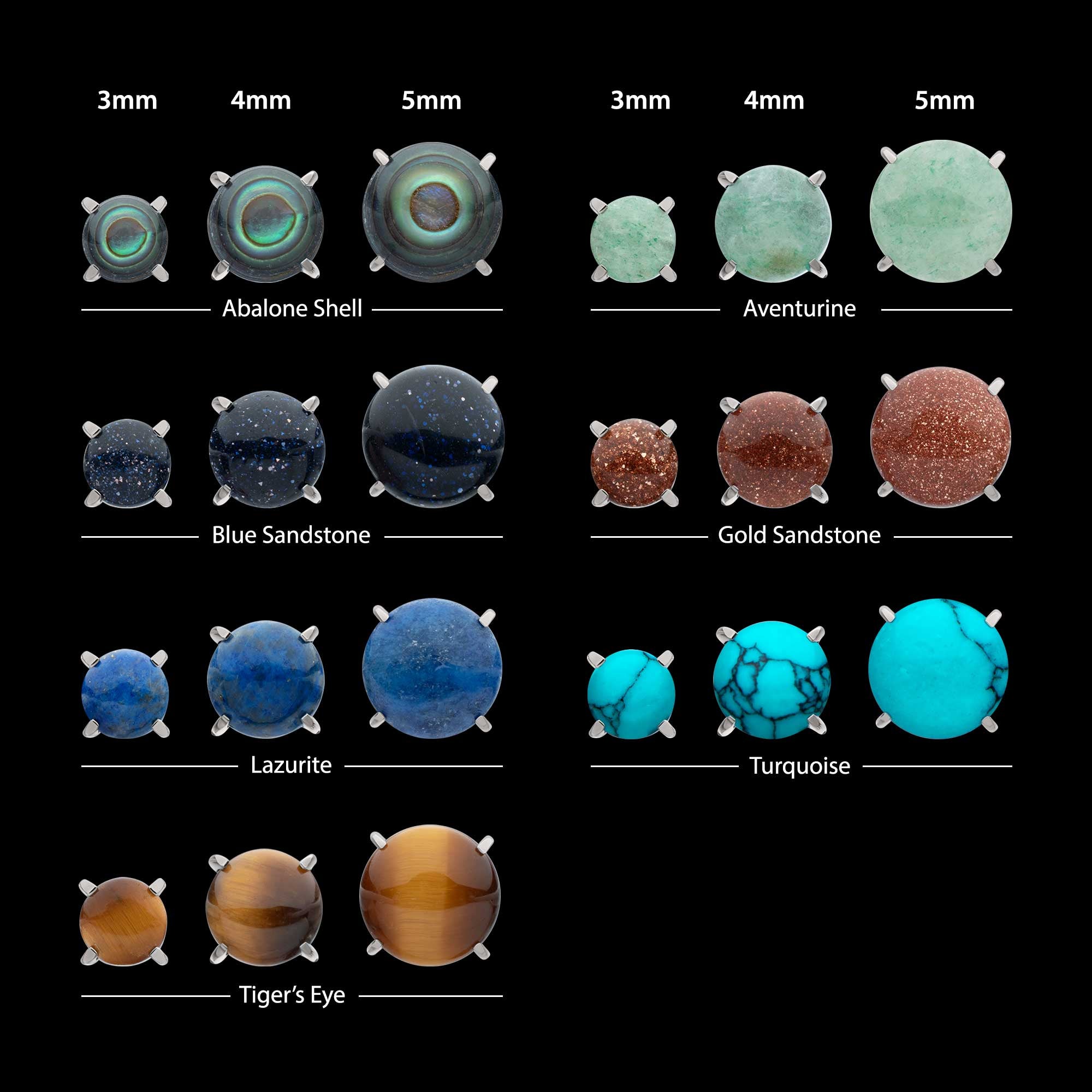 4-Prong Round Natural Stone Flatback Stud Earring / Nosering - Titanium