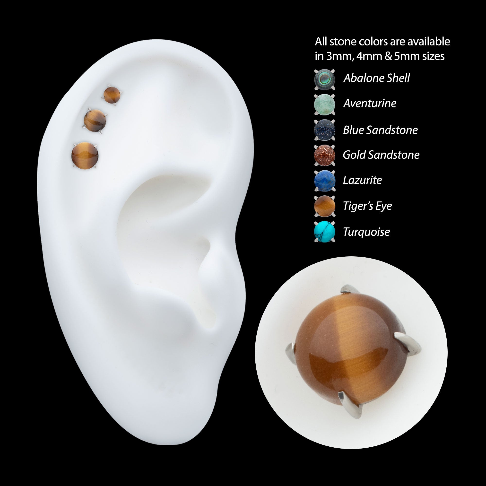 4-Prong Round Natural Stone Flatback Stud Earring / Nosering - Titanium
