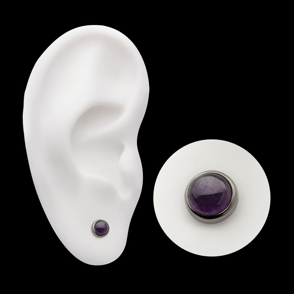 Bezel Set Natural Amethyst Stone Flatback Stud Earring / Nosering - Titanium