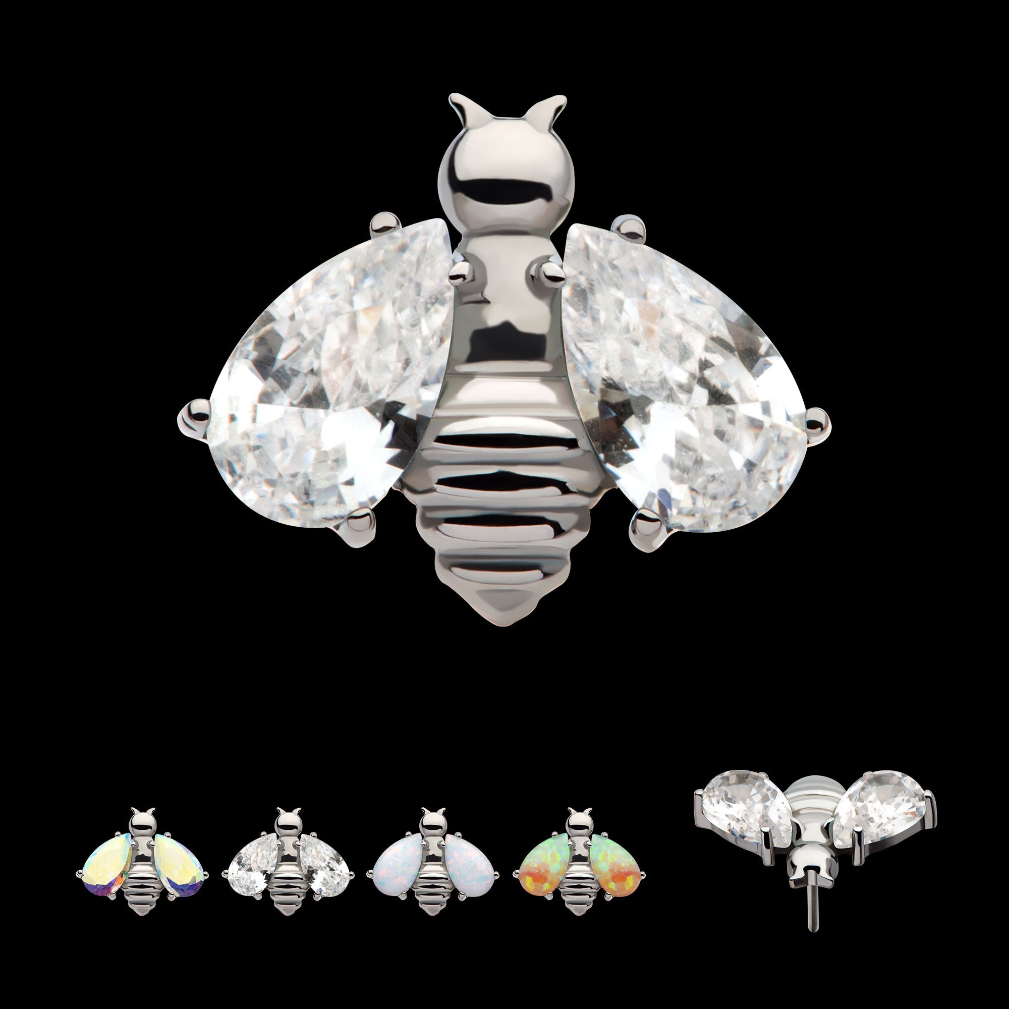 Bee with Prong Set Teardrop Shape CZ/Opal Wings Flatback Stud Earring / Nosering - Opal & CZ & Opal & CZ in Titanium