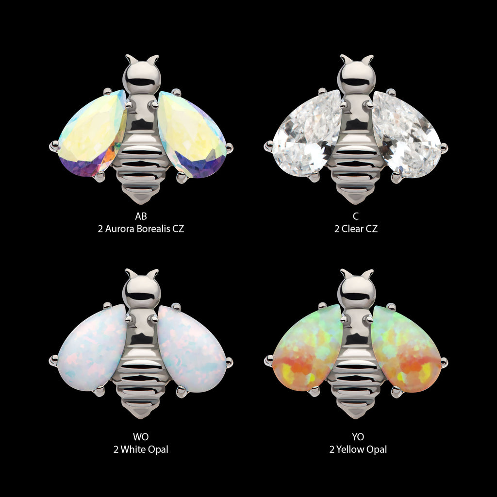 Bee with Prong Set Teardrop Shape CZ/Opal Wings Flatback Stud Earring / Nosering - Opal & CZ & Opal & CZ in Titanium