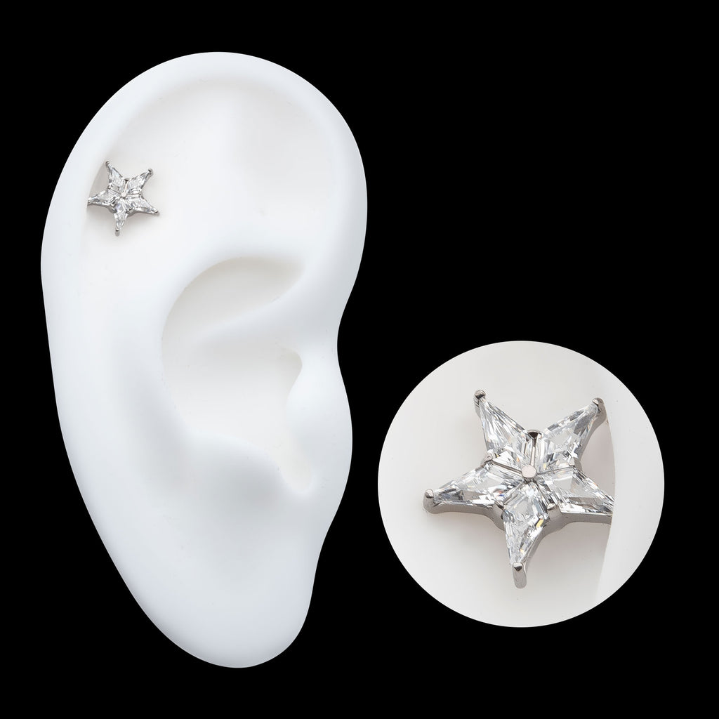 Star with 5 Prong Set Kite Shape Clear CZ Flatback Stud Earring / Nosering - Clear CZ in Titanium