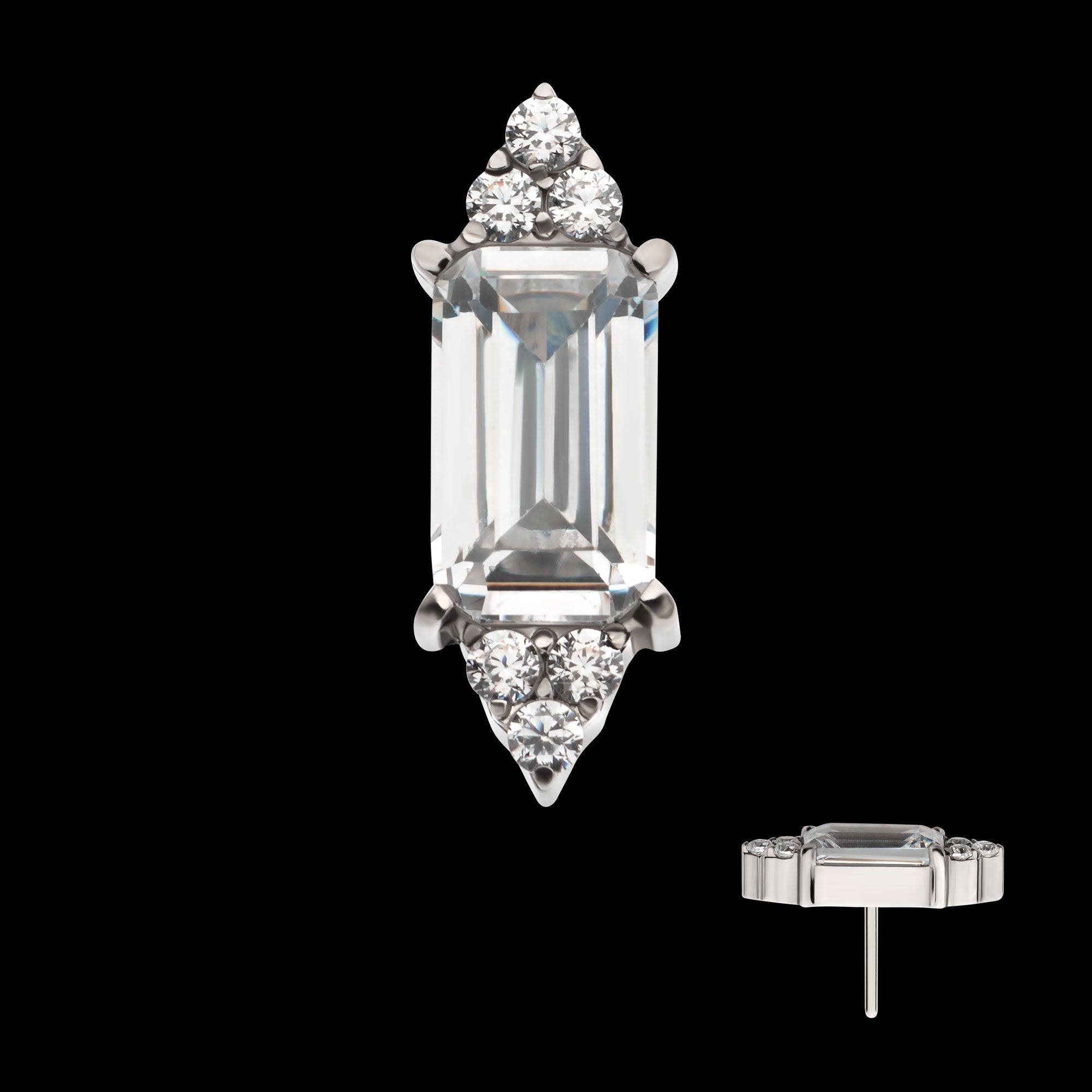Pronged Baguette & Round CZ 7-Cluster Flatback Stud Earring / Nosering - CZ in Titanium