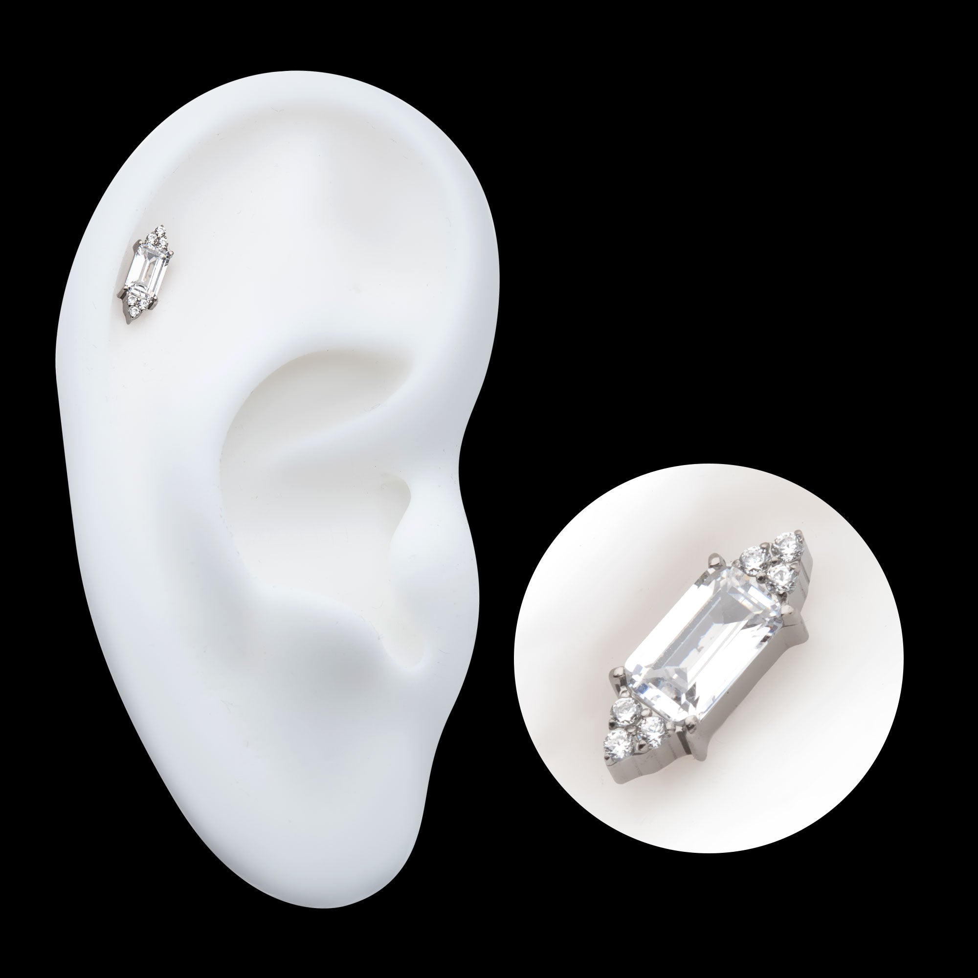 Pronged Baguette & Round CZ 7-Cluster Flatback Stud Earring / Nosering - CZ in Titanium