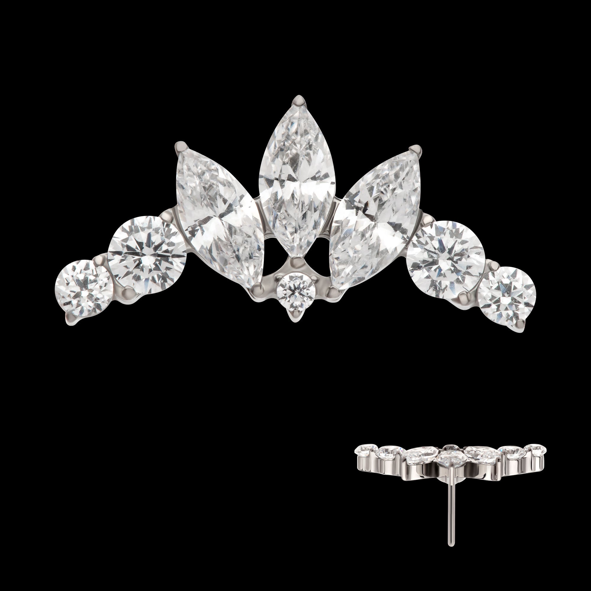 Crown Shape with Clustered Prong Set Round & Marquise CZ Flatback Stud Earring / Nosering - CZ in Titanium