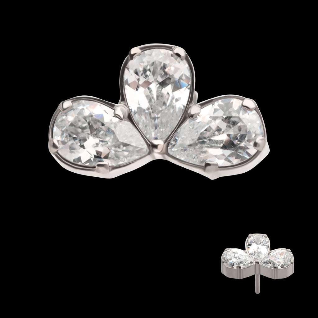 Fan Shape with 3 Cluster Prong Set Teardrop CZ Flatback Stud Earring / Nosering - CZ in Titanium