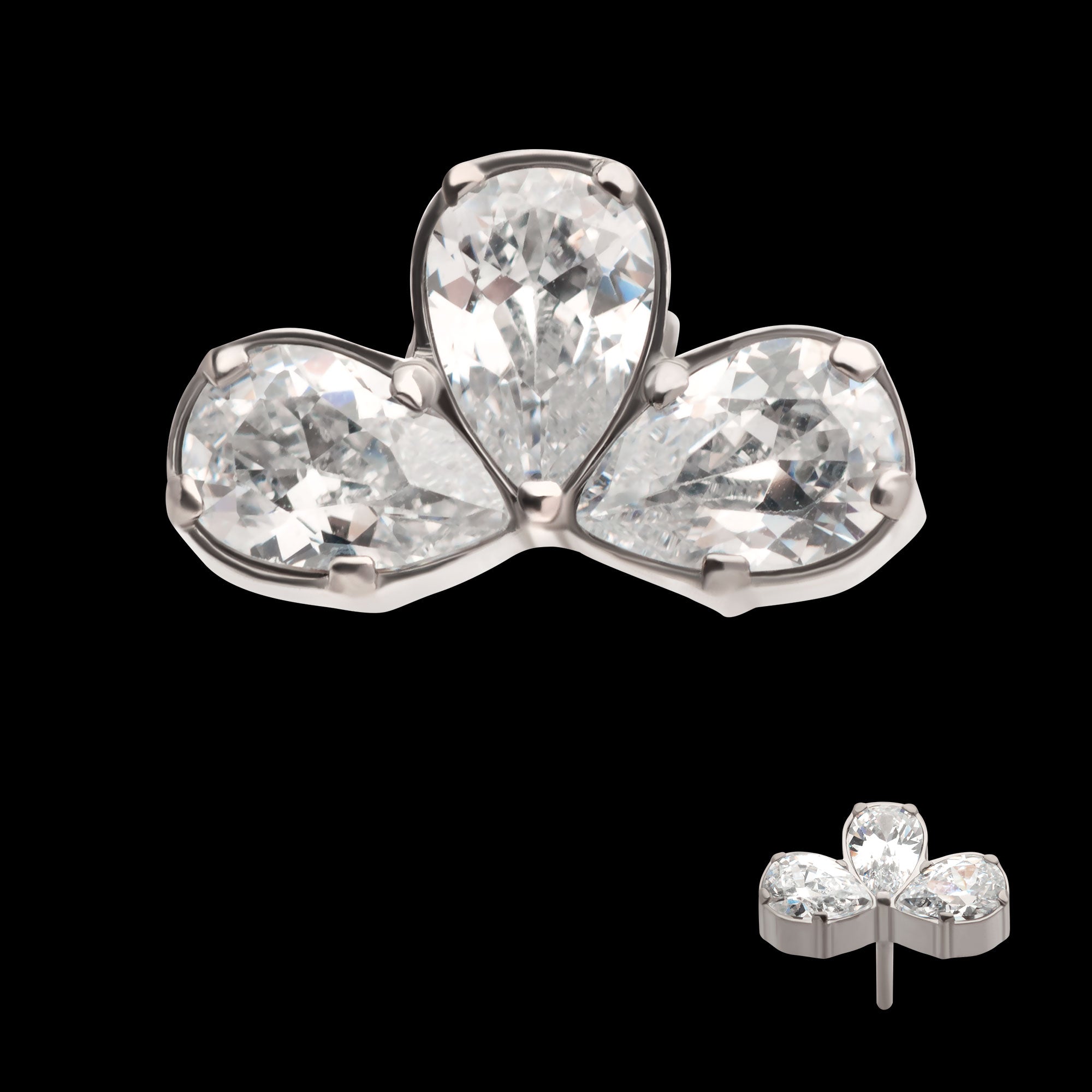 Fan Shape with 3 Cluster Prong Set Teardrop CZ Flatback Stud Earring / Nosering - CZ in Titanium