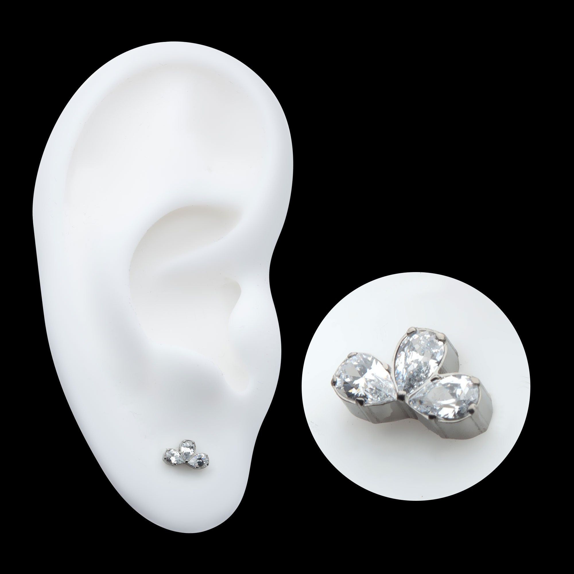 Fan Shape with 3 Cluster Prong Set Teardrop CZ Flatback Stud Earring / Nosering - CZ in Titanium