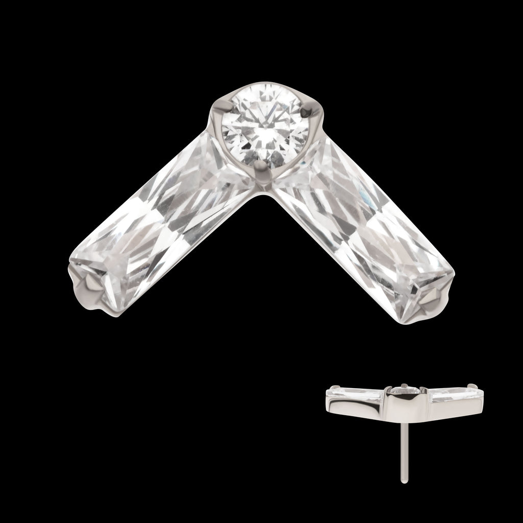 Prong Set Baguette & Round CZ Chevron Shape Flatback Stud Earring / Nosering - CZ in Titanium