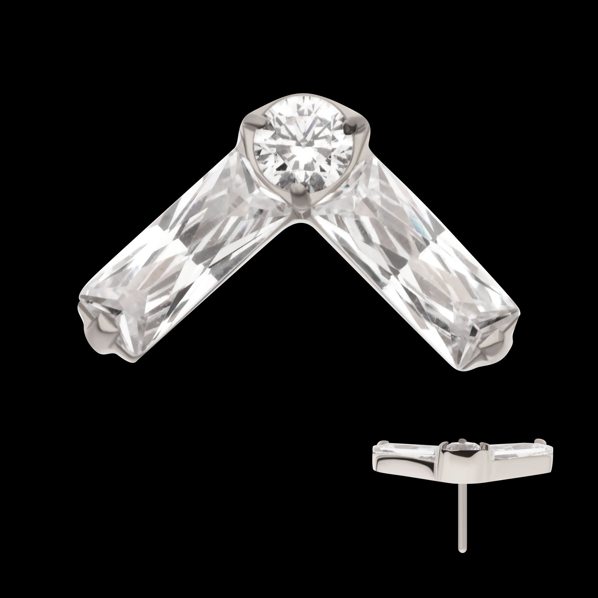 Prong Set Baguette & Round CZ Chevron Shape Flatback Stud Earring / Nosering - CZ in Titanium