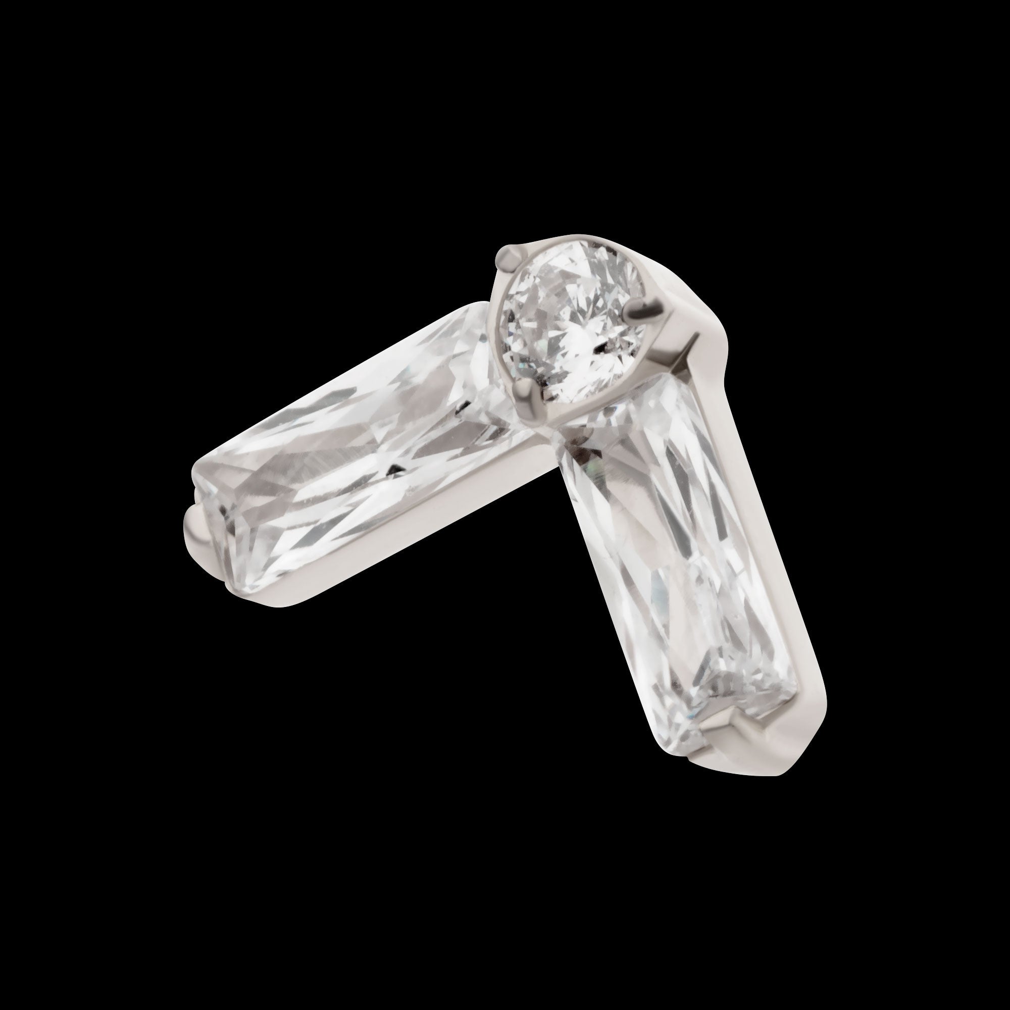 Prong Set Baguette & Round CZ Chevron Shape Flatback Stud Earring / Nosering - CZ in Titanium