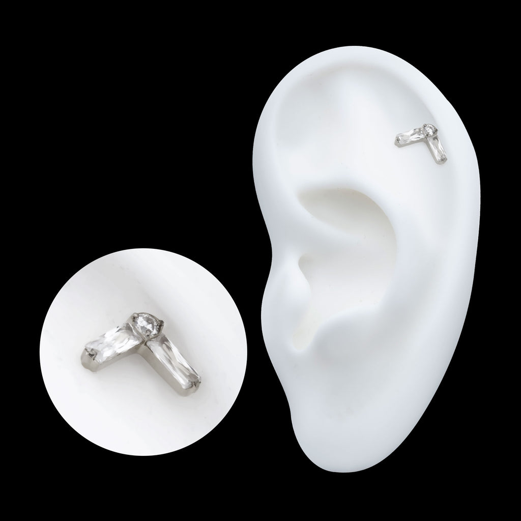 Prong Set Baguette & Round CZ Chevron Shape Flatback Stud Earring / Nosering - CZ in Titanium