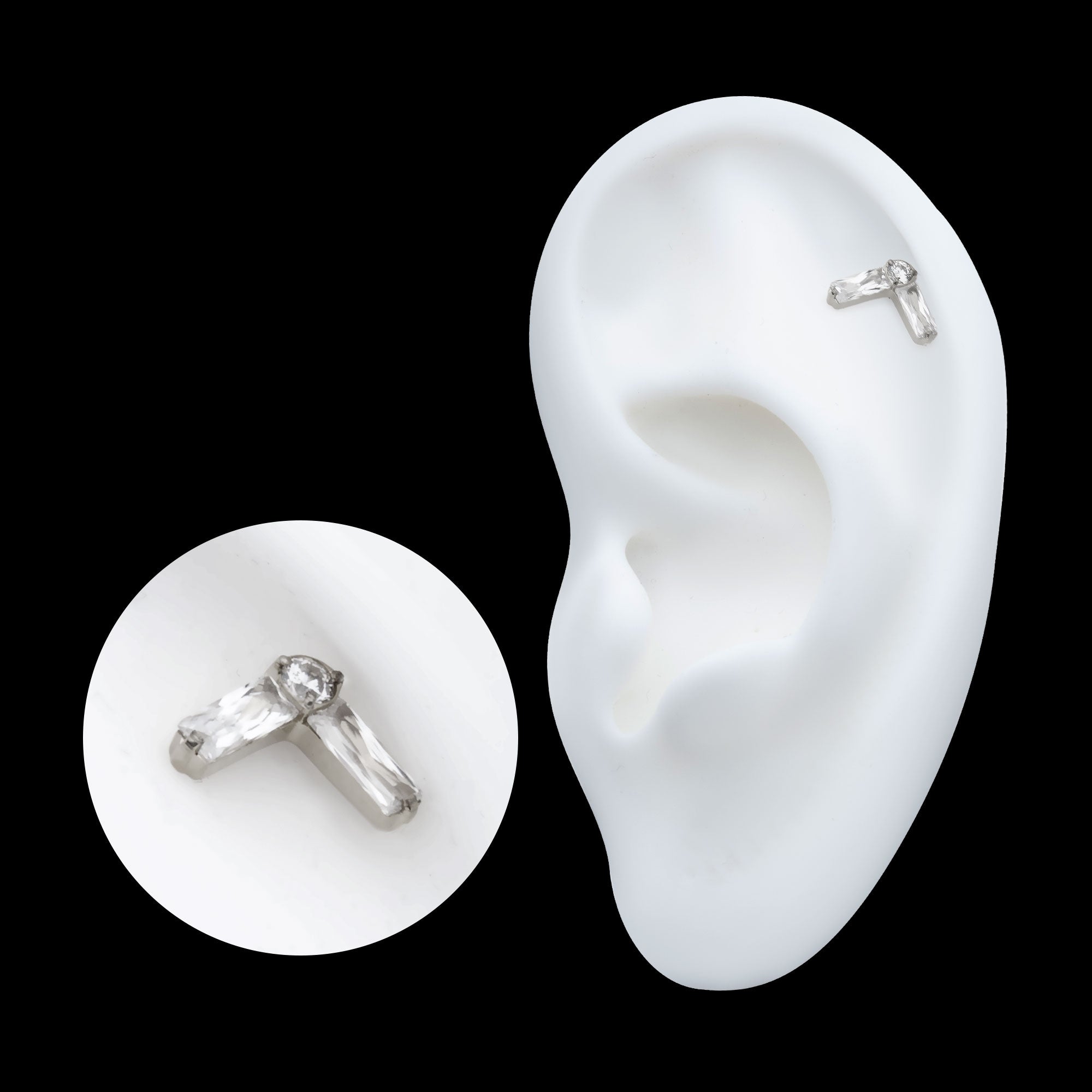 Prong Set Baguette & Round CZ Chevron Shape Flatback Stud Earring / Nosering - CZ in Titanium