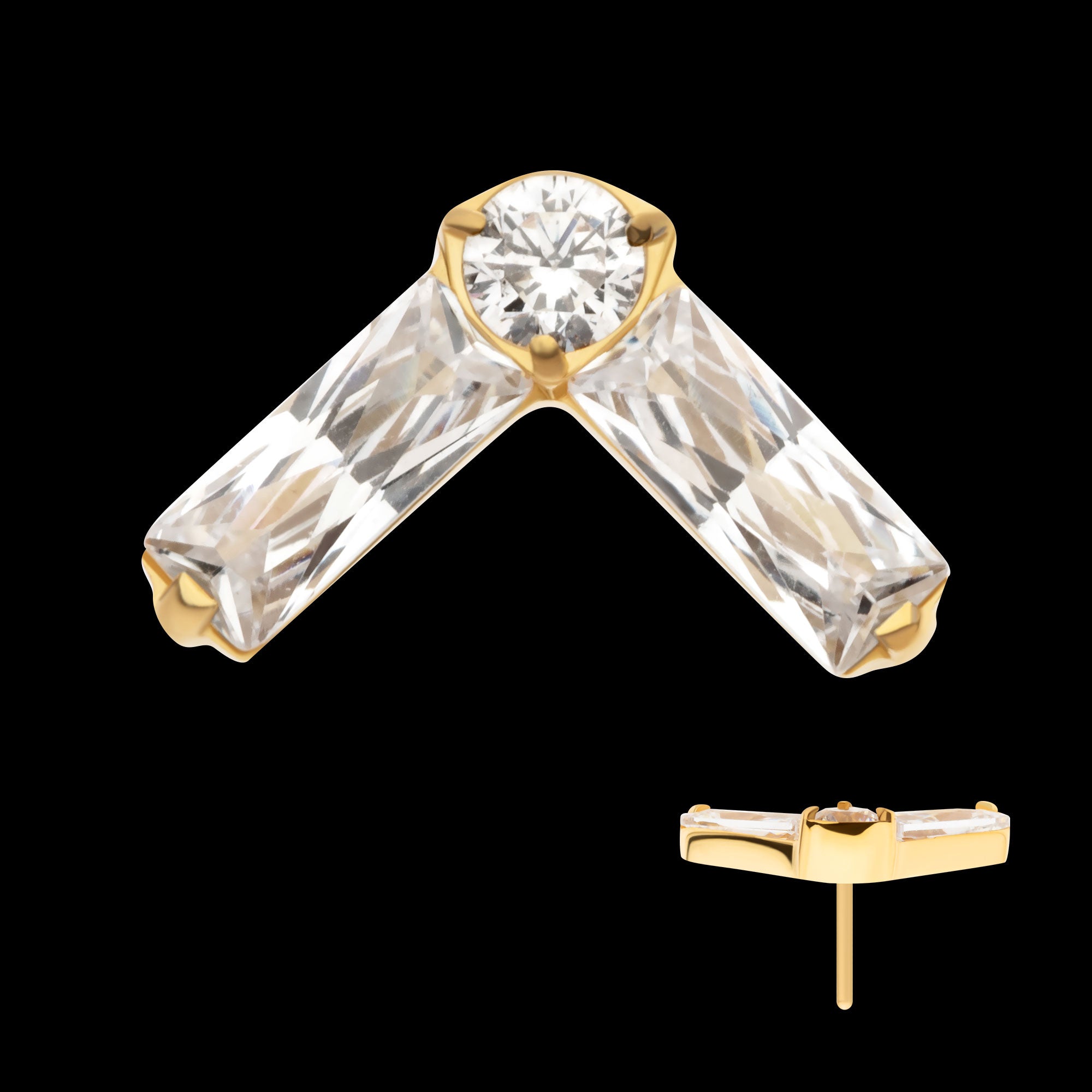 Prong Set Baguette & Round CZ Chevron Shape Flatback Stud Earring / Nosering - CZ in 24Kt Gold PVD Titanium