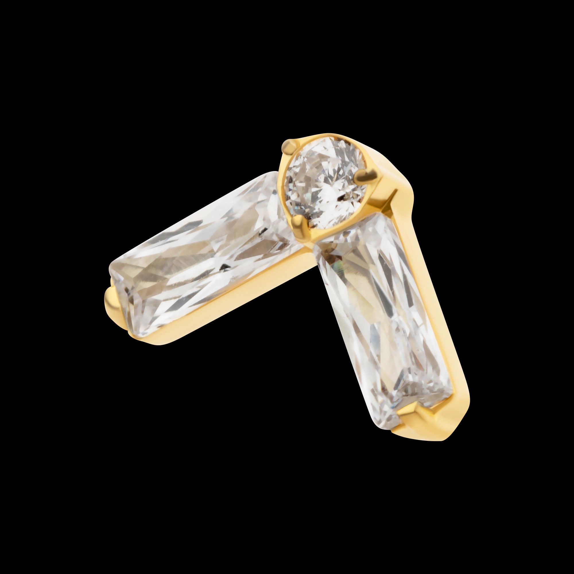 Prong Set Baguette & Round CZ Chevron Shape Flatback Stud Earring / Nosering - CZ in 24Kt Gold PVD Titanium