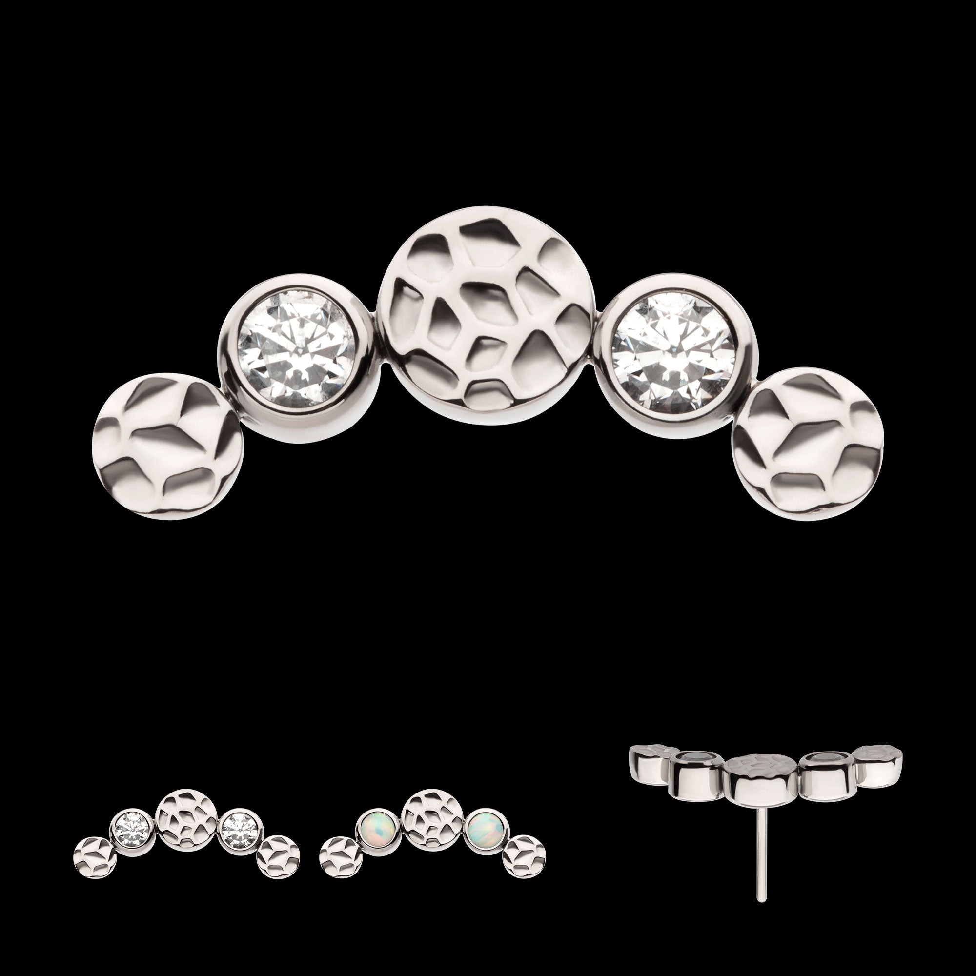 Bezel Set CZ/Opal Hammered Cluster Flatback Stud Earring / Nosering - Opal & CZ & Opal & CZ in Titanium