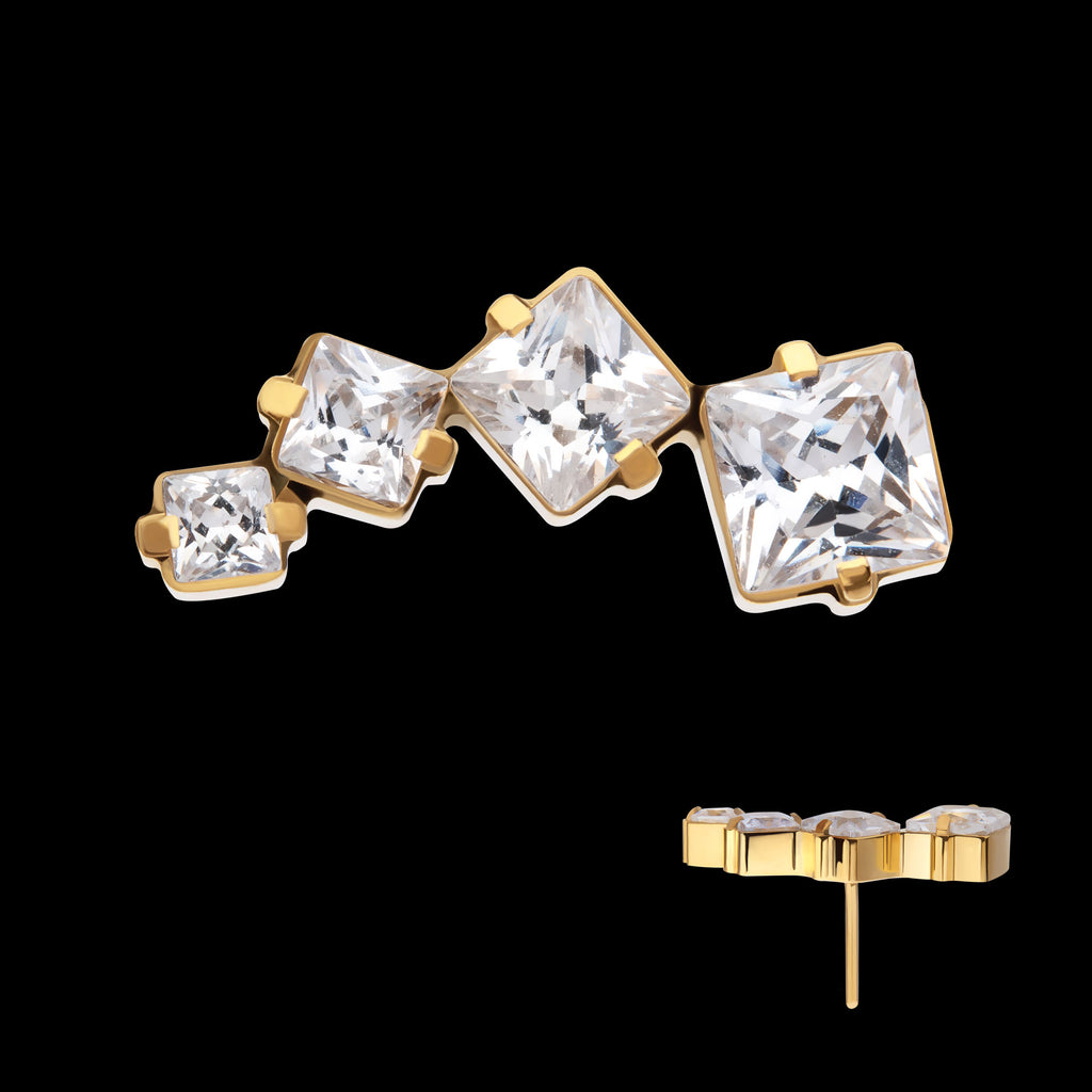 Prong Set Princess Cut Gem Staggered 4-Cluster Flatback Stud Earring / Nosering - Gem in 24Kt Gold PVD Titanium
