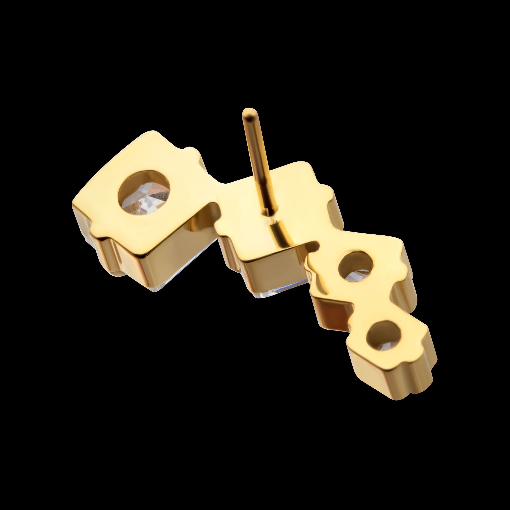 Prong Set Princess Cut Gem Staggered 4-Cluster Flatback Stud Earring / Nosering - Gem in 24Kt Gold PVD Titanium