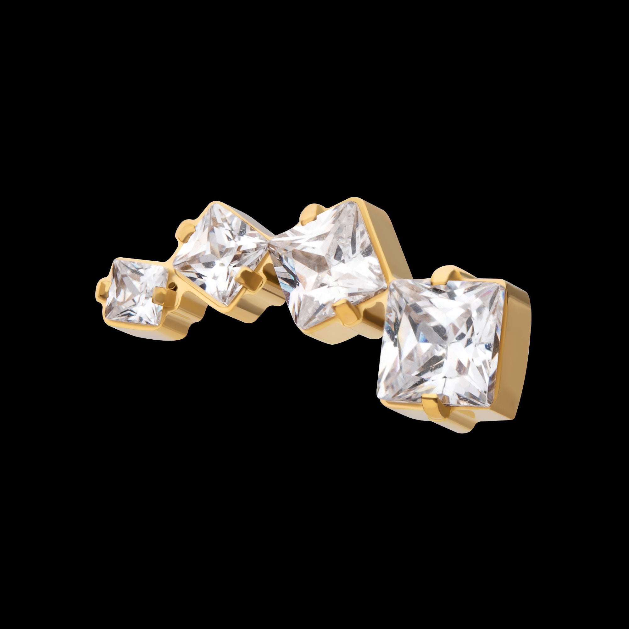 Prong Set Princess Cut Gem Staggered 4-Cluster Flatback Stud Earring / Nosering - Gem in 24Kt Gold PVD Titanium