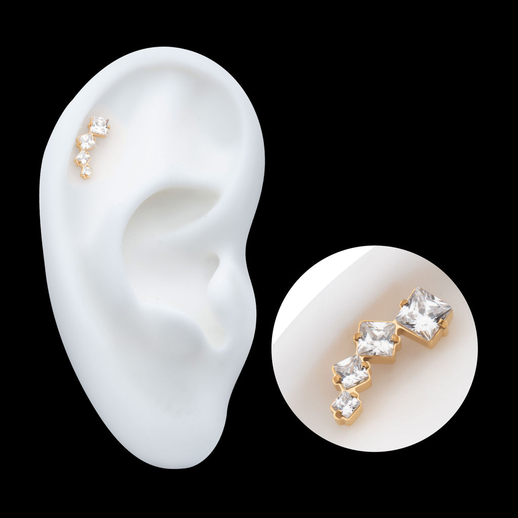 Prong Set Princess Cut Gem Staggered 4-Cluster Flatback Stud Earring / Nosering - Gem in 24Kt Gold PVD Titanium
