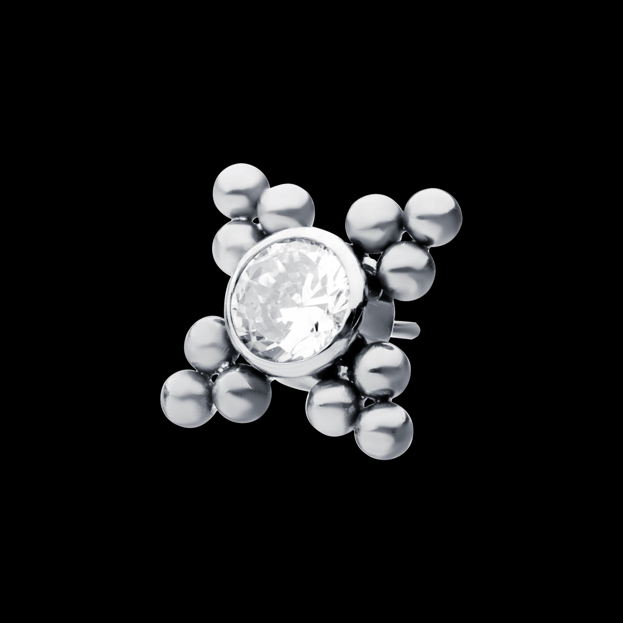 4 Tri-bead Clusters with 4mm Bezel CZ Flatback Stud Earring / Nosering - CZ in Titanium