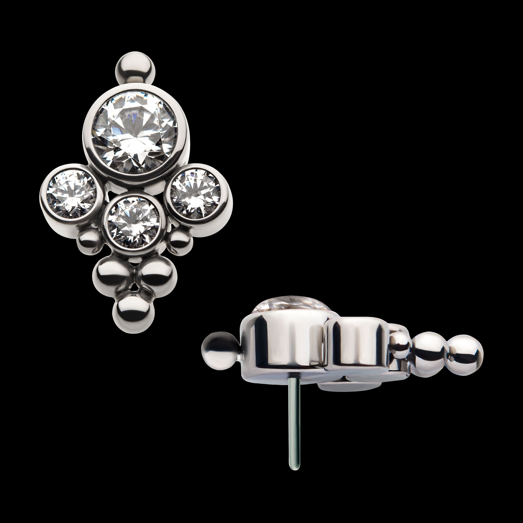 4-Bezel Set Swarovski Zirconia & Beads Cluster Flatback Stud Earring / Nosering - Titanium