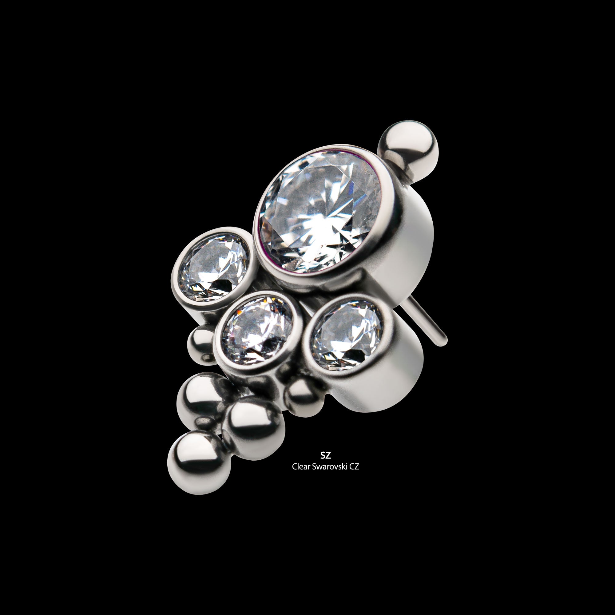 4-Bezel Set Swarovski Zirconia & Beads Cluster Flatback Stud Earring / Nosering - Titanium