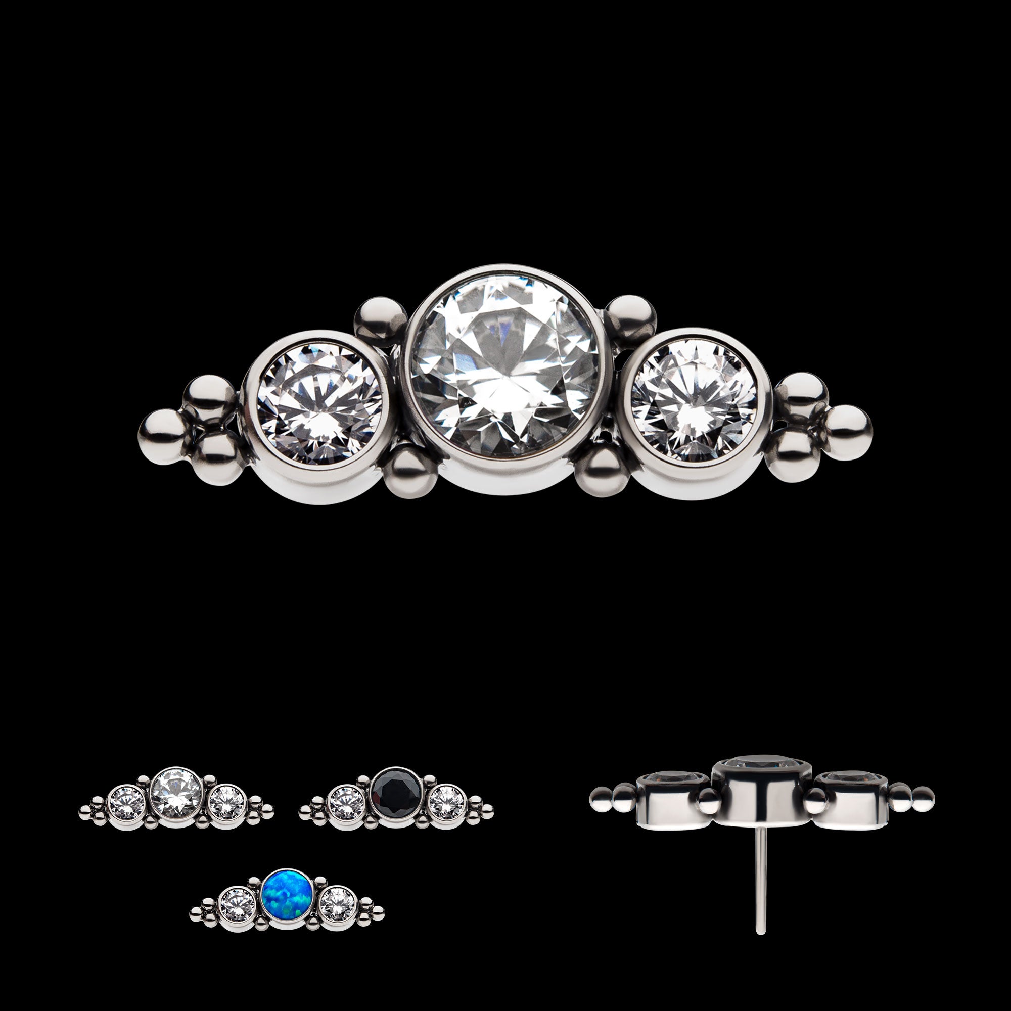 3-Bezel Set Synthetic Opal/AAA Gem/Swarovski Zirconia & Beads Cluster Flatback Stud Earring / Nosering - Synthetic Opal & Opal in Titanium