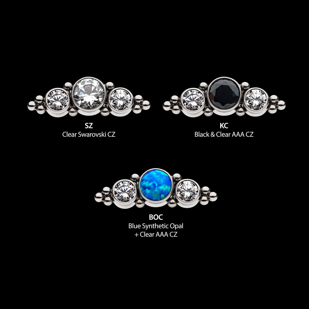 3-Bezel Set Synthetic Opal/AAA Gem/Swarovski Zirconia & Beads Cluster Flatback Stud Earring / Nosering - Synthetic Opal & Opal in Titanium