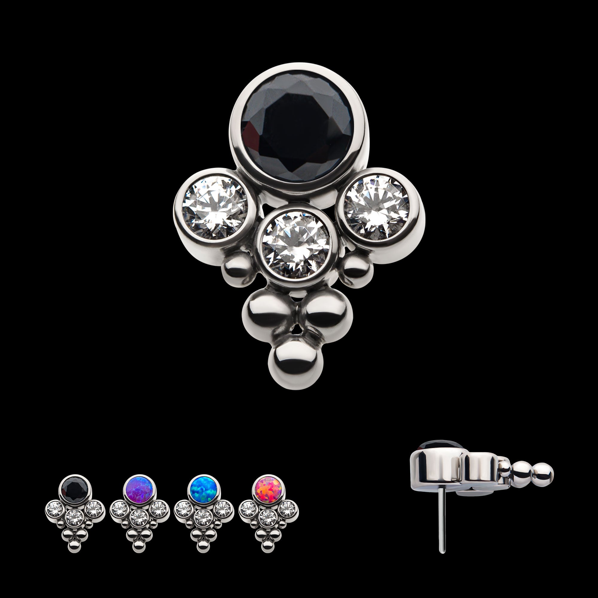 4-Bezel Set Synthetic Opal/AAA Gem/Swarovski Zirconia & Beads Cluster Flatback Stud Earring / Nosering - Synthetic Opal & Opal in Titanium