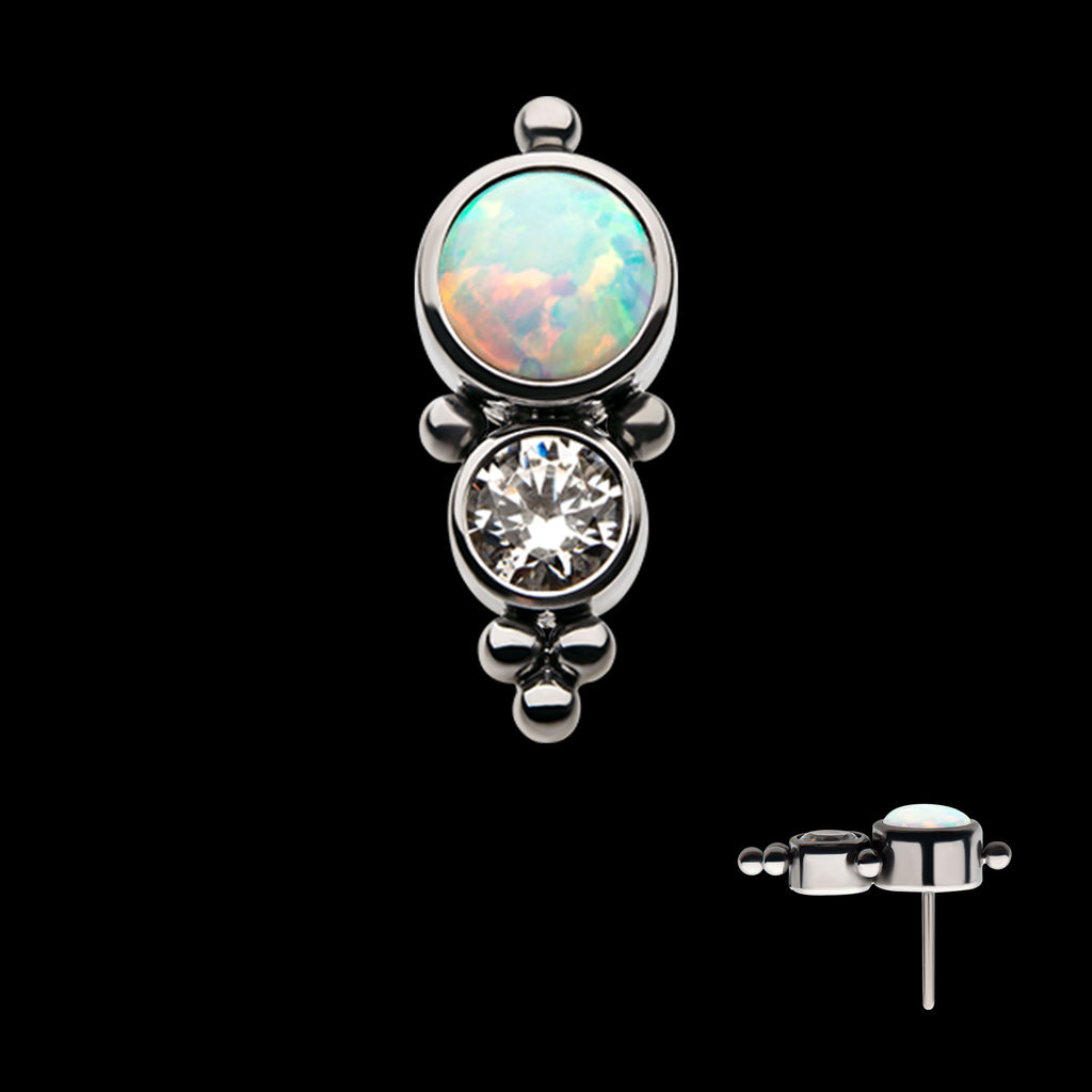 2-Bezel Set Synthetic Opal/AAA Gem/Swarovski Zirconia & Beads Cluster Flatback Stud Earring / Nosering - Synthetic Opal & Opal in Titanium