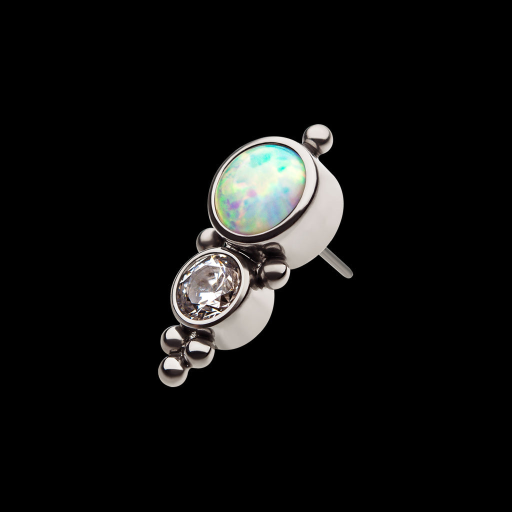 2-Bezel Set Synthetic Opal/AAA Gem/Swarovski Zirconia & Beads Cluster Flatback Stud Earring / Nosering - Synthetic Opal & Opal in Titanium