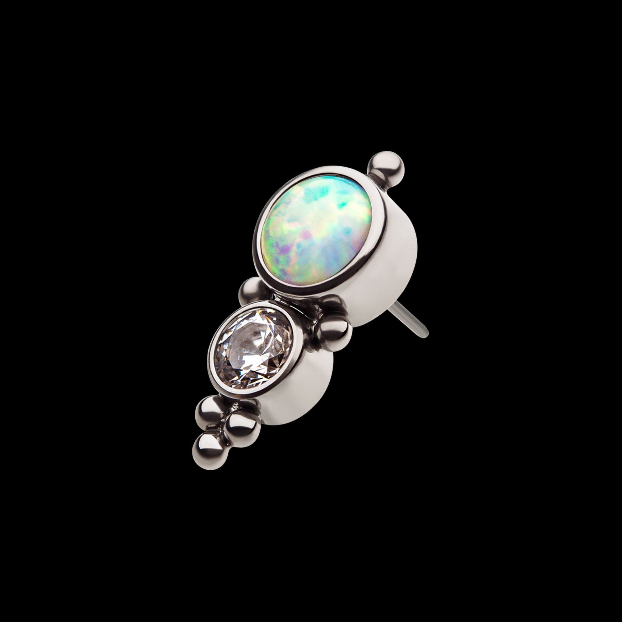 2-Bezel Set Synthetic Opal/AAA Gem/Swarovski Zirconia & Beads Cluster Flatback Stud Earring / Nosering - Synthetic Opal & Opal in Titanium