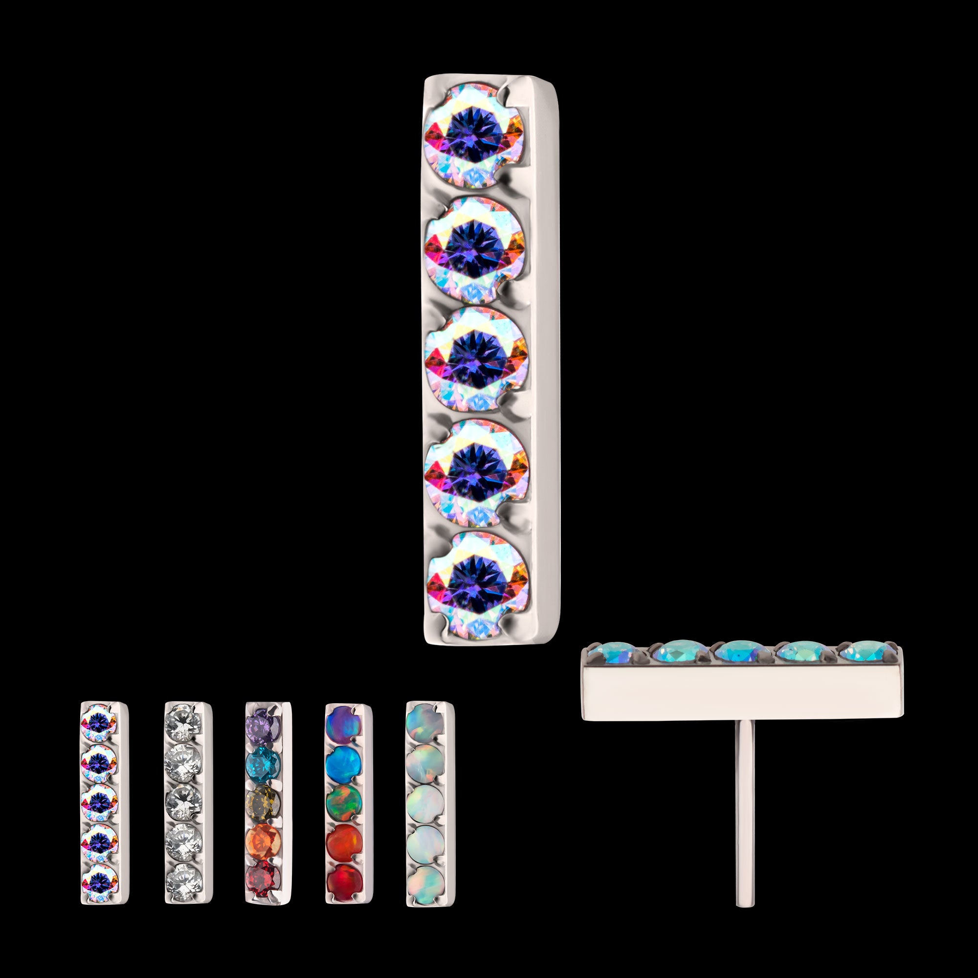 Prong Set Crystal/CZ/Opal 5-Cluster Bar Flatback Stud Earring / Nosering - Opal & CZ & Opal & CZ in Titanium